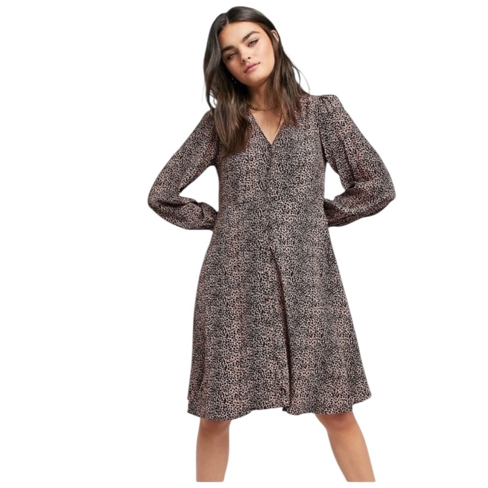 ASOS Y.A.S. Long Sleeve Skater V Neck Brown & Black Animal‎ Print Dress Small